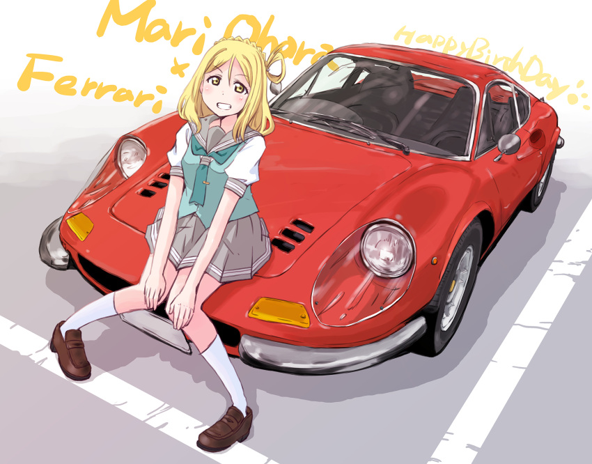 1girl, blonde_hair, brown_footwear, car, character_name, country_connection, ferrari, ferrari_dino