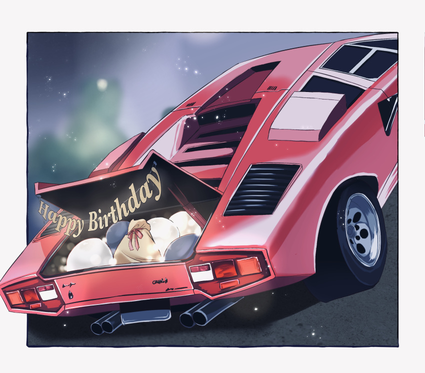 border, car, grey_border, happy_birthday, highres, lamborghini, lamborghini_countach, motor_vehicle
