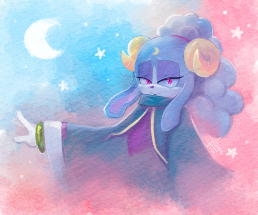 1girl, angiethecat, ariem_(sonic), blue_robe, crescent_moon, furry, furry_female, gloves