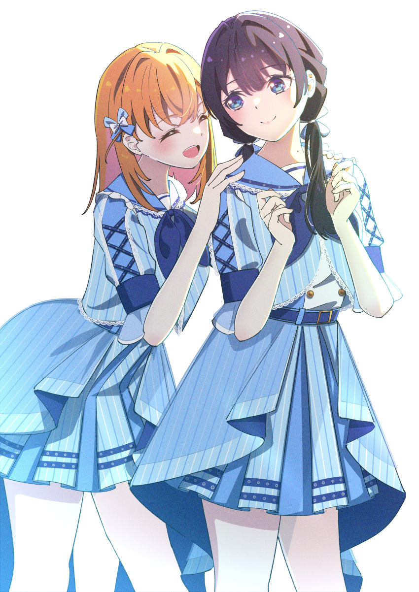 2girls, absurdres, belt, blue_belt, blue_bow, blue_bowtie, blue_dress, blue_eyes