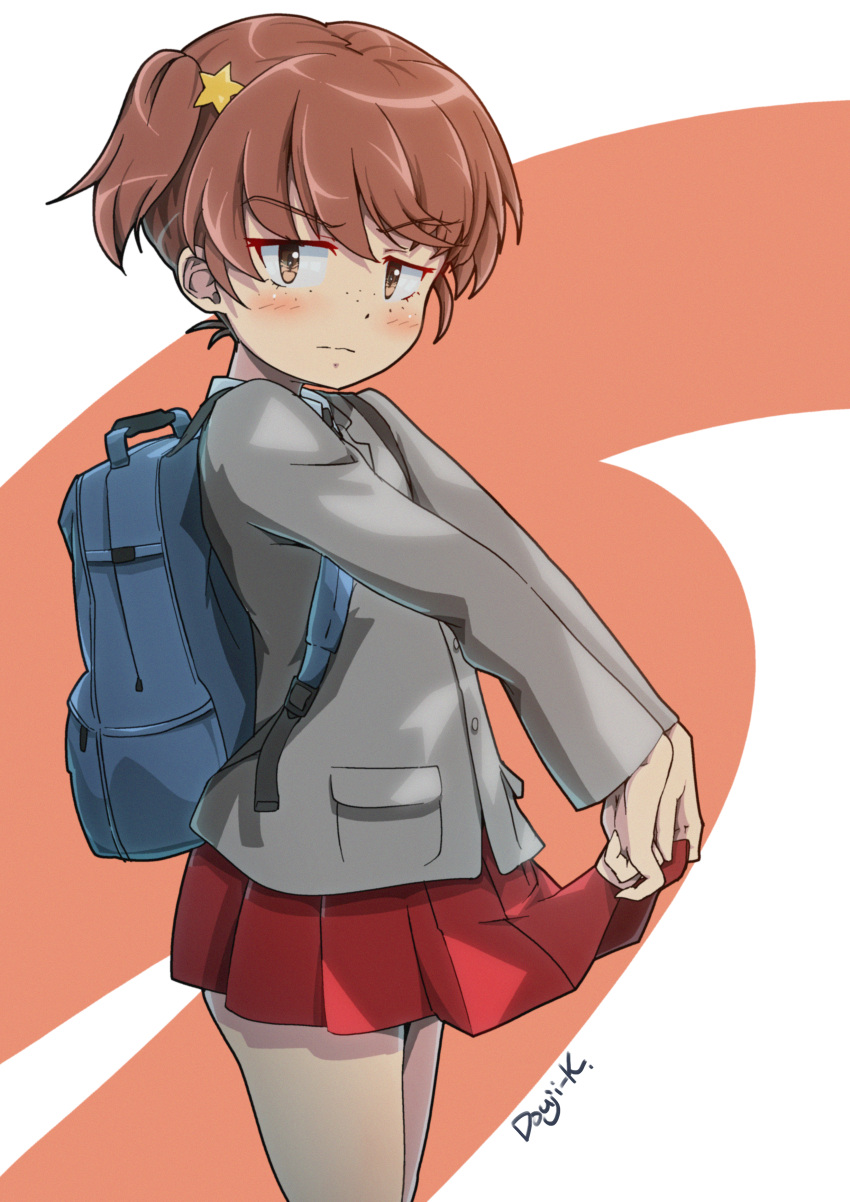 1girl, absurdres, alisa_(girls_und_panzer), artist_name, backpack, bag, blazer, blush
