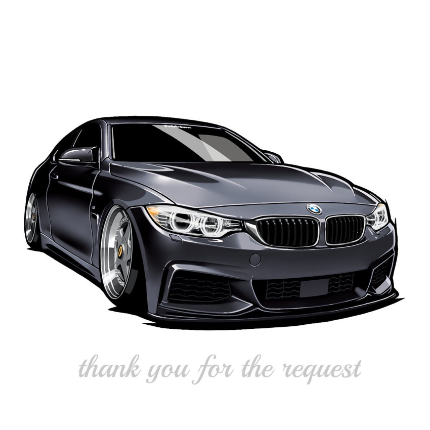 bmw, bmw_4_series, car, chibi, chris_ilst, commission, english_text, highres, motor_vehicle, no_humans, original, shadow, simple_background, sports_car, stance_(vehicle), white_background