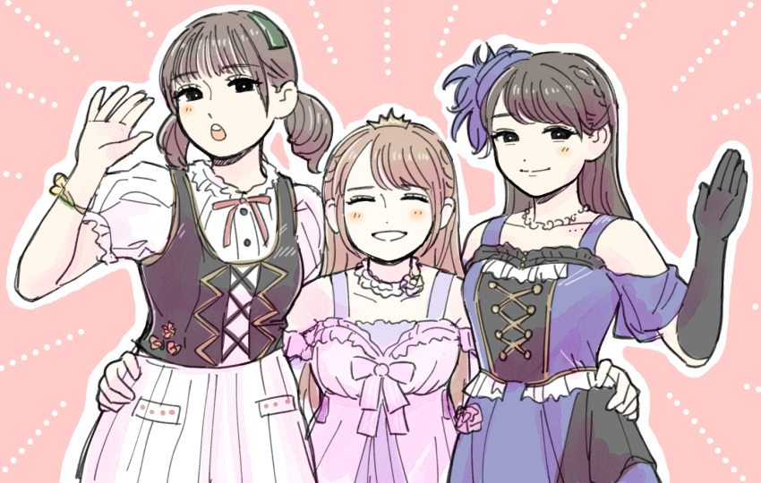 3girls, asaka_karin, blush, brown_hair, closed_mouth, commentary, commentary_request, emma_verde