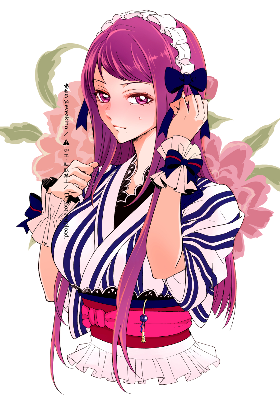 1girl, akino_(eveplus), closed_mouth, fire_emblem, fire_emblem_engage, hairband, highres, ivy_(fire_emblem), japanese_clothes, long_hair, looking_at_viewer, purple_hair, solo, upper_body, violet_eyes