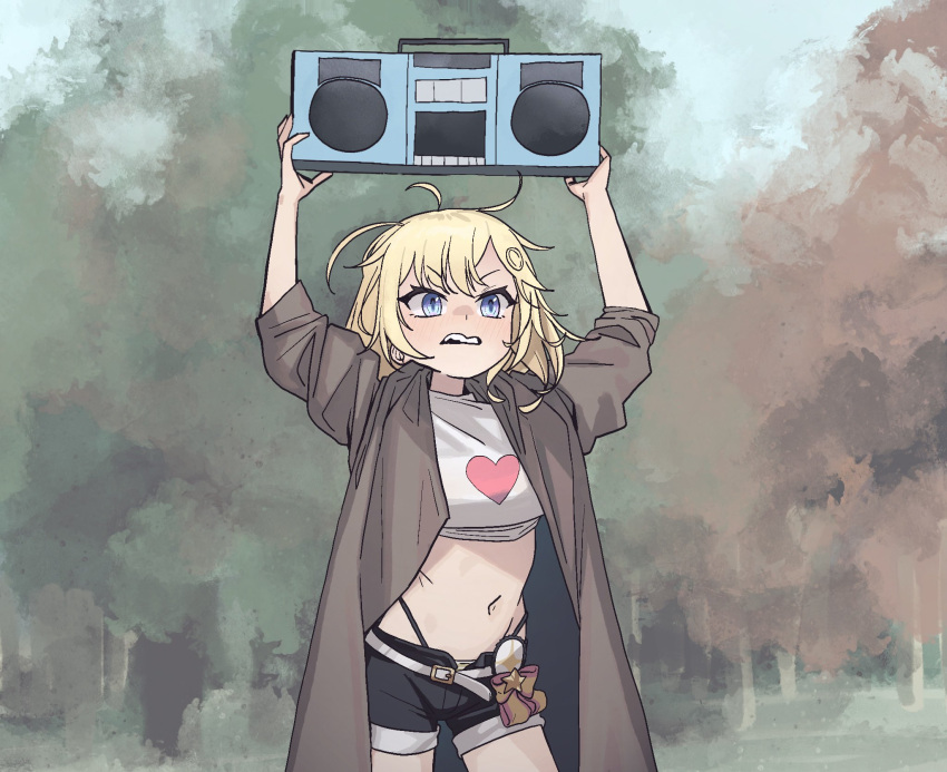 1girl, bikini, bikini_under_shorts, black_bikini, blonde_hair, blue_eyes, boombox, hair_ornament, heart, highleg, highleg_bikini, highres, hololive, hololive_english, hololive_summer_2023_swimsuit, jacket, looking_at_viewer, medium_hair, messy_hair, monocle, open_mouth, say_anything..., shirt, short_shorts, shorts, solo, swimsuit, virtual_youtuber, watson_amelia, white_shirt, zedd_(zedgawr)