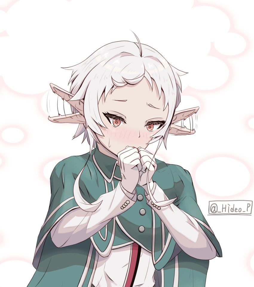1girl, ahoge, clenched_hands, cloak, covering_own_mouth, elf, euyuu_(hideo), flapping_ears, gloves, green_cloak, highres, jacket, long_sleeves, mushoku_tensei, own_hands_together, pointy_ears, red_eyes, short_hair, simple_background, solo, sylphiette_(mushoku_tensei), twitter_username, upper_body, white_background, white_gloves, white_hair, white_jacket
