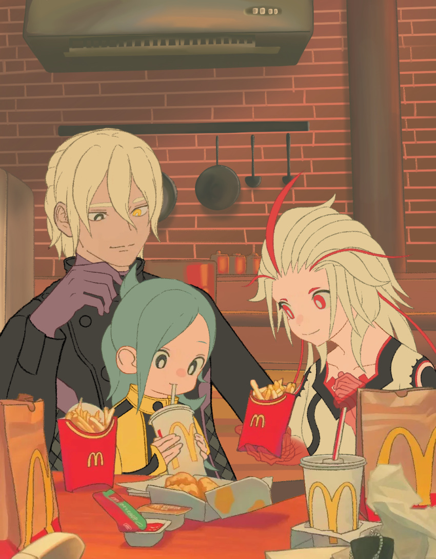 1boy, 2girls, aged_down, ai_the_somnium_files, aiba_(ai_the_somnium_files), air_conditioner, artificial_eye, bag