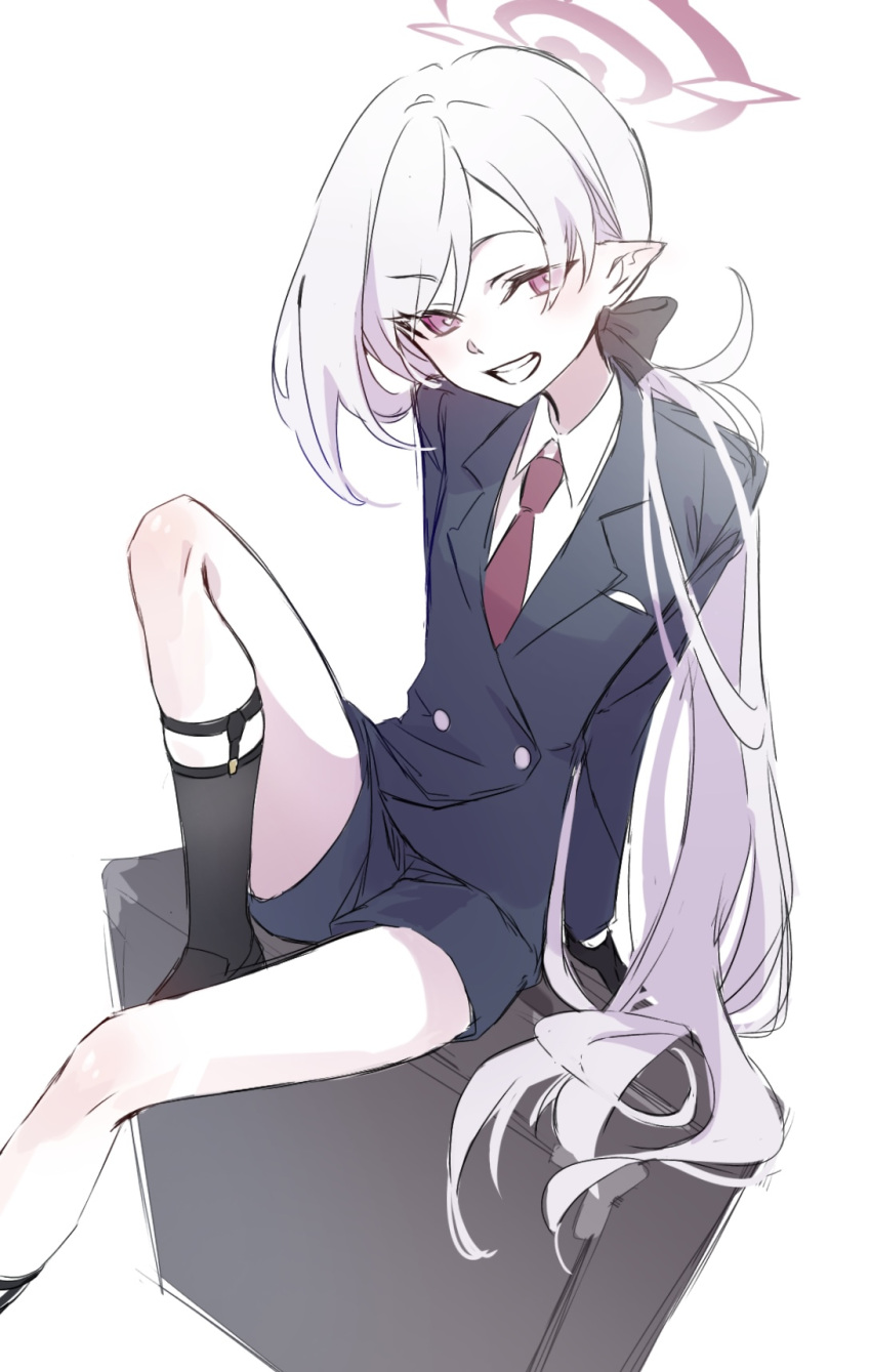 1girl, black_jacket, black_shorts, black_socks, blue_archive, collared_shirt, gloves, grey_hair