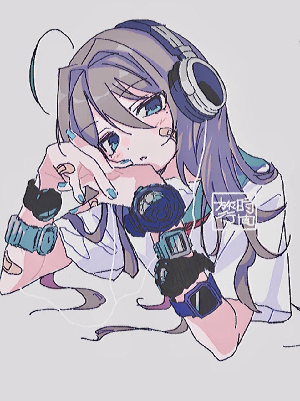 1girl, ahoge, bandaid, bandaid_on_arm, bandaid_on_cheek, bandaid_on_face, bandaid_on_hand, blue_eyes, blue_nails, blush, chromatic_aberration, grey_background, hair_between_eyes, headphones, highres, long_hair, looking_at_viewer, mole, mole_under_eye, nail_polish, nou4_777, original, own_hands_together, parted_lips, sailor_collar, shorts, simple_background, solo, upper_body, watch, watch