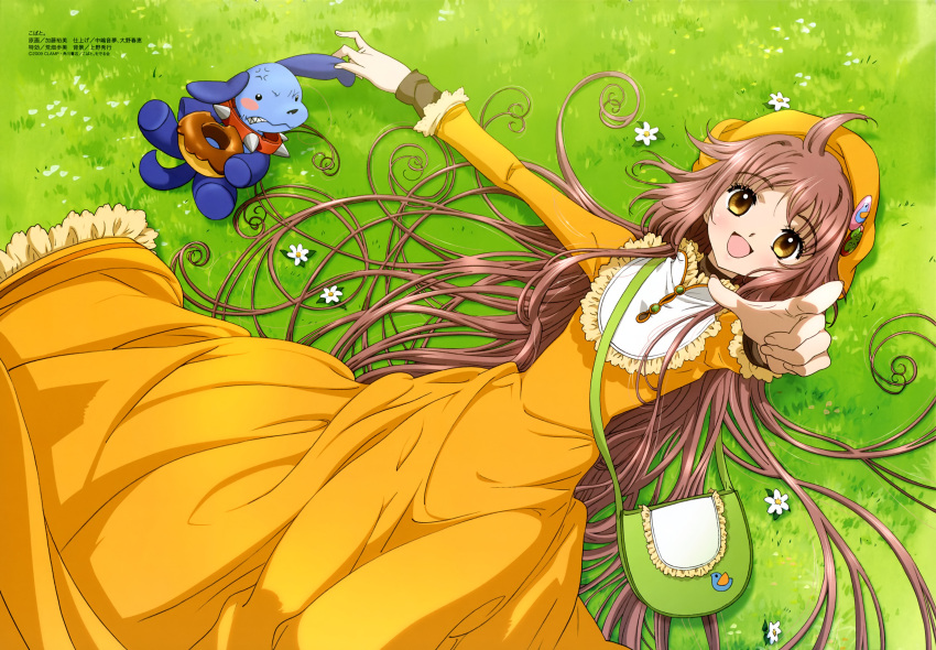 blush, brown_eyes, brown_hair, choker, detexted, doughnut, grass, hanato_kobato