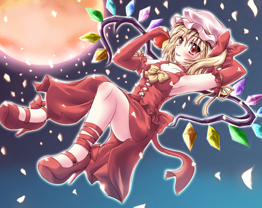armpits, blonde_hair, dress, elbow_gloves, fang, flandre_scarlet, food, fruit