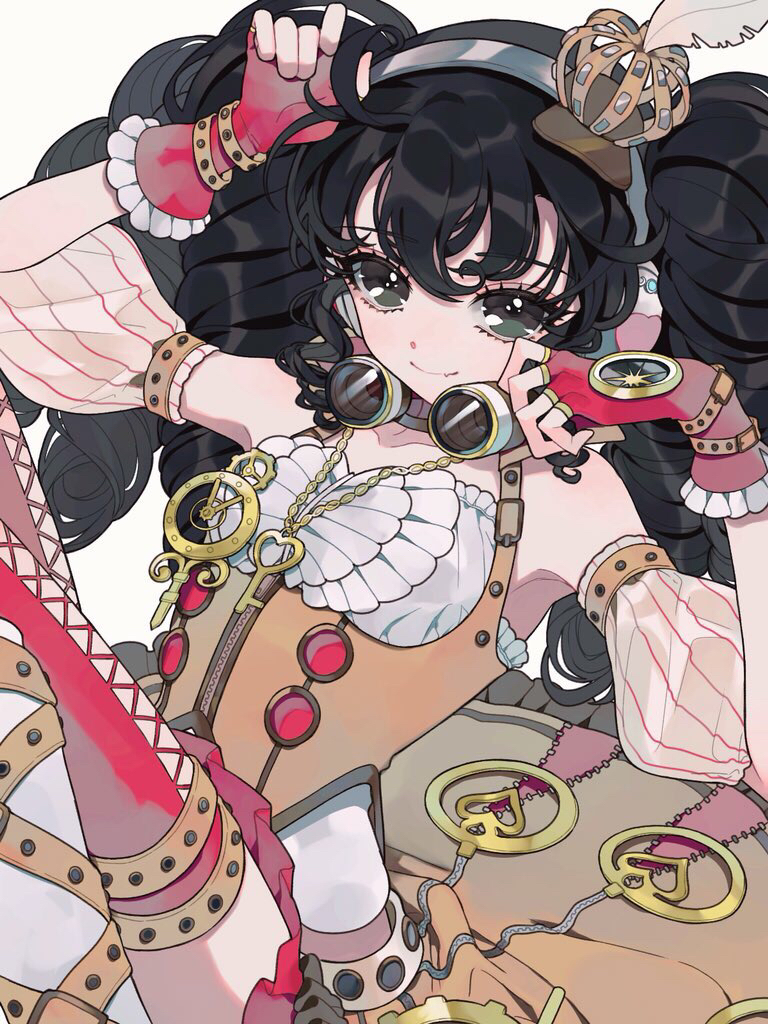 1girl, ao_(ao0_0nemu), bad_id, bad_pixiv_id, bare_shoulders, black_eyes, black_hair, breasts, brown_dress, closed_mouth, cowboy_shot, crown, detached_sleeves, dress, gaaruru_(pripara), gloves, goggles, goggles_around_neck, hands_up, headphones, jewelry, key, key_necklace, knees_up, long_hair, looking_at_viewer, necklace, pink_gloves, pretty_series, pripara, puffy_detached_sleeves, puffy_sleeves, simple_background, sitting, sleeveless, sleeveless_dress, small_breasts, smile, solo, steampunk, twintails, white_background