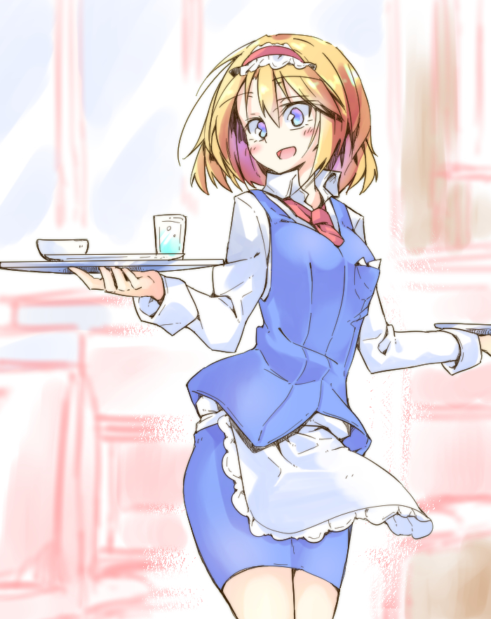 1girl, alice_margatroid, alternate_costume, apron, blonde_hair, blue_eyes, blue_vest, blush