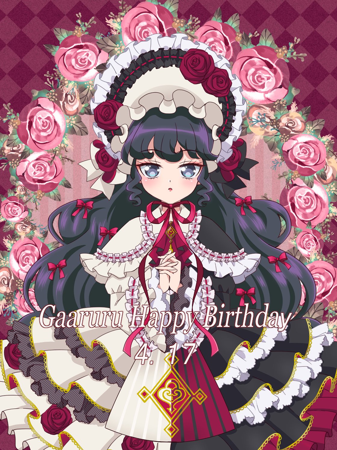 1girl, :o, argyle, argyle_background, black_hair, blue_eyes, bonnet, capelet, character_name, commentary_request, cowboy_shot, dress, floral_background, flower, frilled_capelet, frilled_dress, frilled_sleeves, frills, gaaruru_(pripara), happy_birthday, highres, interlocked_fingers, kikuta_michiyo, lolita_fashion, long_hair, long_sleeves, looking_at_viewer, open_mouth, own_hands_together, pretty_series, pripara, purple_background, purple_flower, purple_rose, red_flower, red_ribbon, red_rose, ribbon, rose, sidelocks, solo, standing, very_long_hair, wide_sleeves