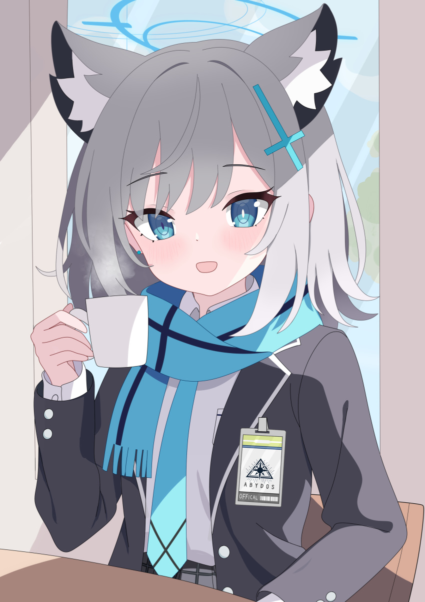 1girl, absurdres, animal_ear_fluff, animal_ears, baozi_9527, black_jacket, blazer, blue_archive