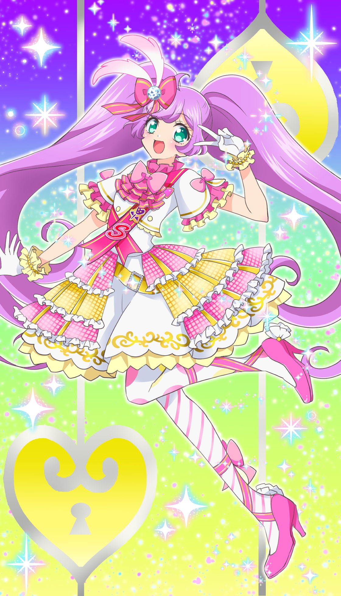 1girl, :d, ahoge, ascot, bow, commentary_request, dress, feather_hair_ornament