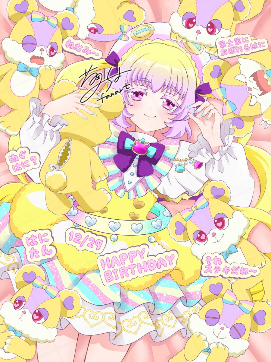 1girl, blonde_hair, blue_nails, bow, capelet, character_name, closed_mouth, commentary