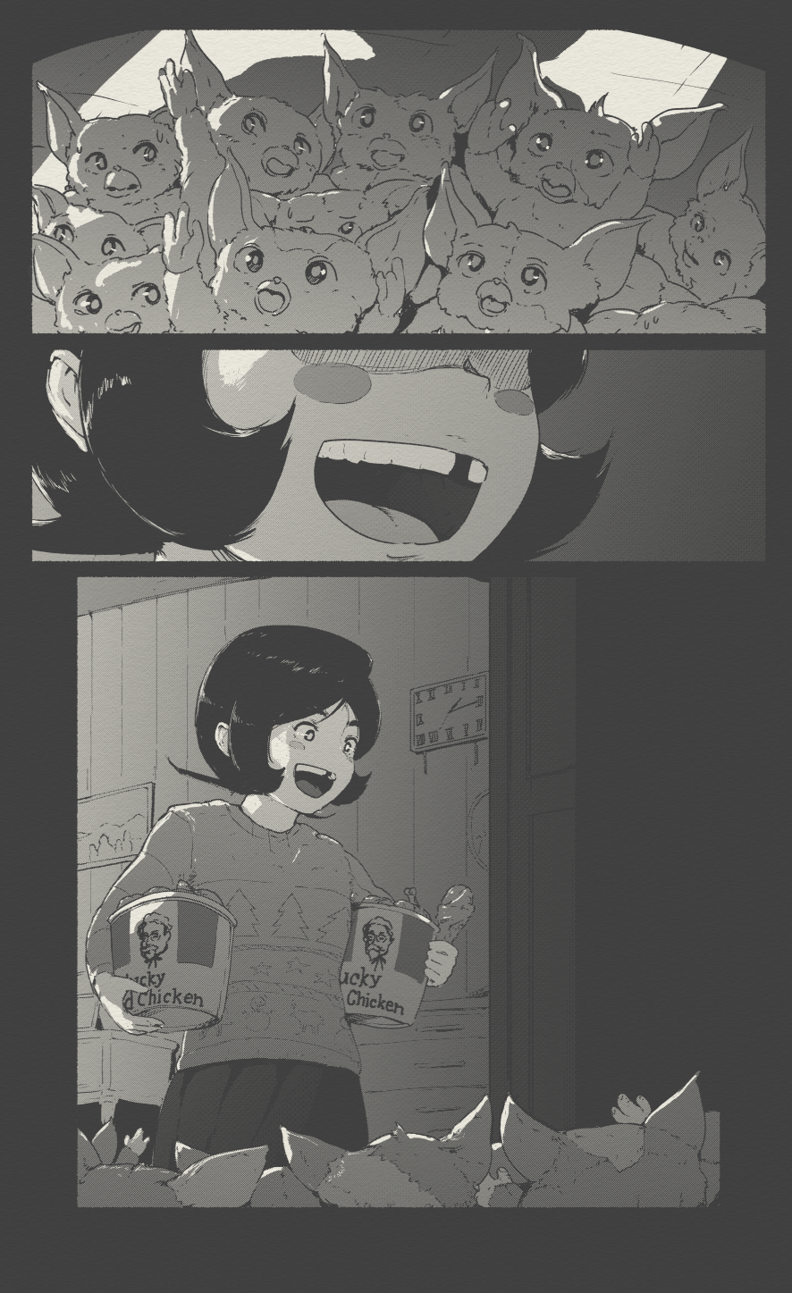 1girl, :d, black_hair, blush, bucket_of_chicken, christmas_sweater, clock, commentary