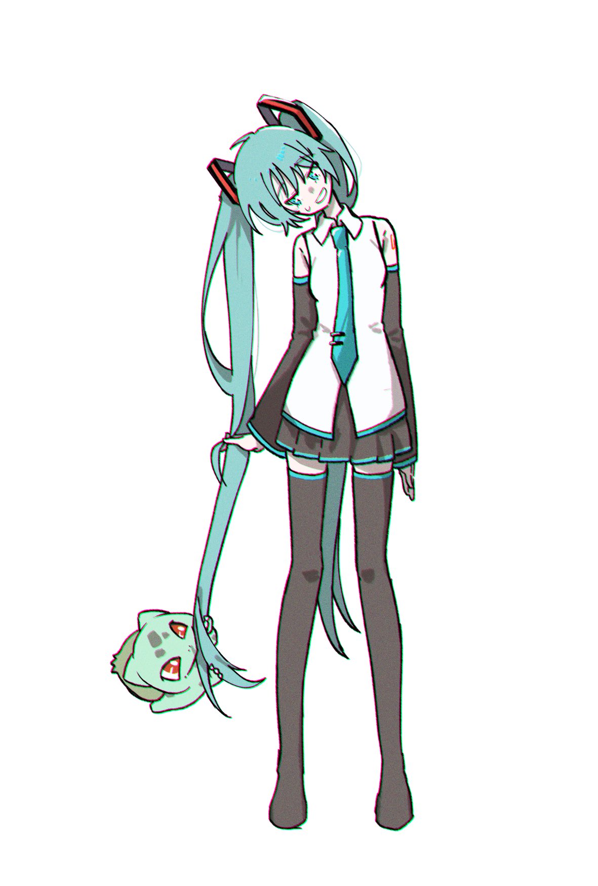 1girl, biting_hair, black_pantyhose, black_skirt, blue_eyes, blue_necktie, bright_pupils, bulbasaur
