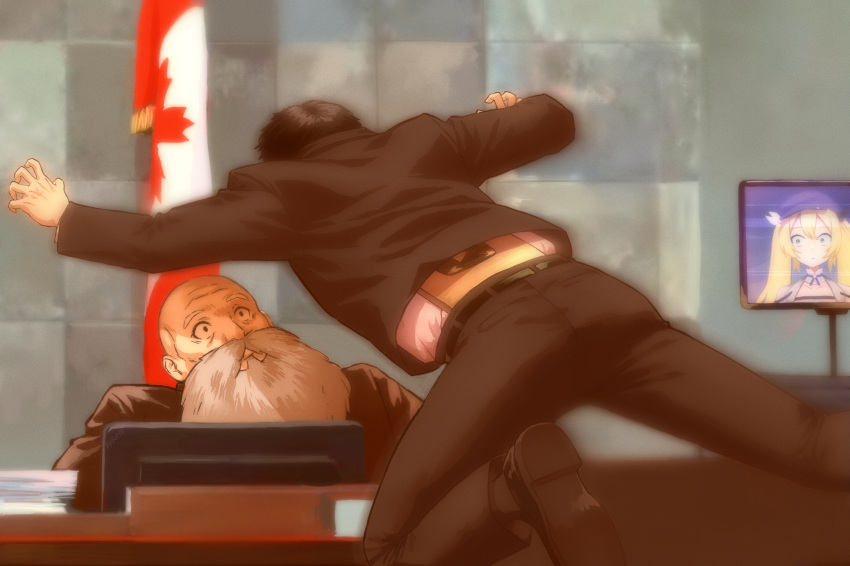 1girl, 2boys, ace_attorney, bald, beard, black_hair, blonde_hair, blue_headwear