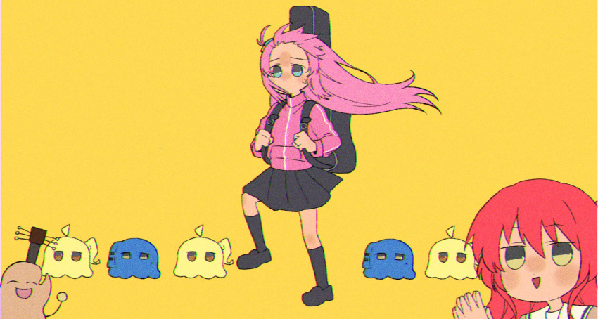 black_skirt, black_socks, blue_eyes, bocchi_the_rock!, full_body, gotoh_hitori, guitar, hair_ornament