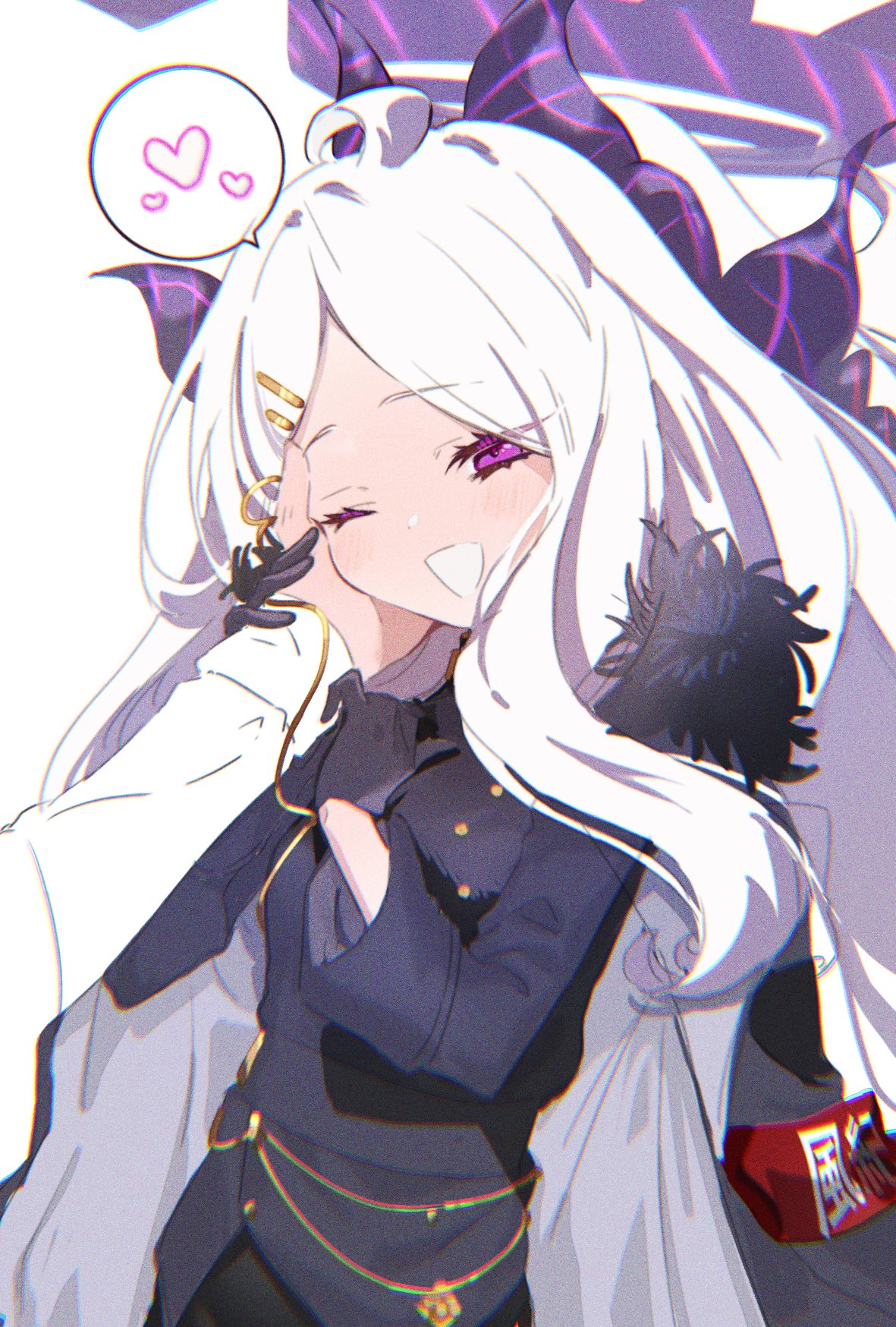 1girl, ahoge, black_gloves, black_jacket, black_pants, blue_archive, chromatic_aberration, eyelashes