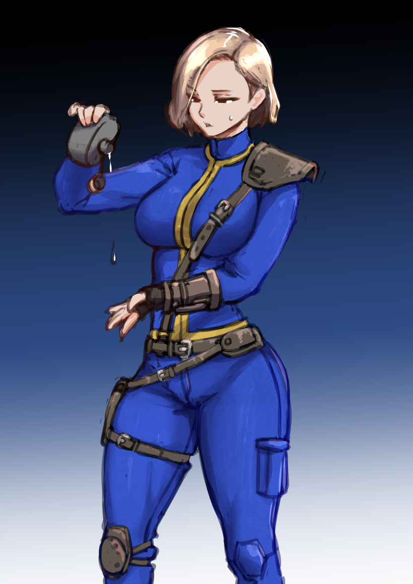 1girl, blonde_hair, blue_jumpsuit, fallout_(series), fallout_3, jumpsuit, lone_wanderer, non-web_source