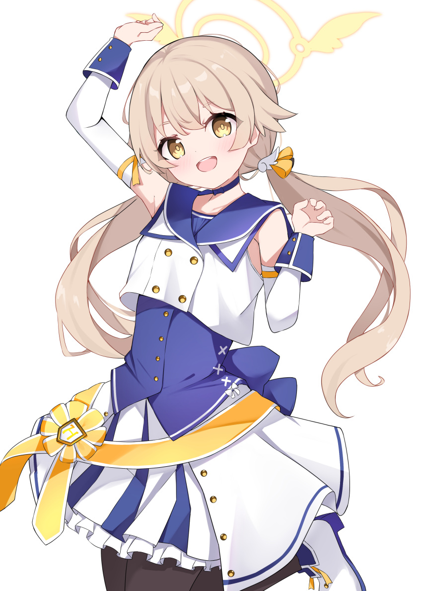 1girl, absurdres, arm_up, black_pantyhose, blue_archive, blue_choker, blue_sailor_collar, blush