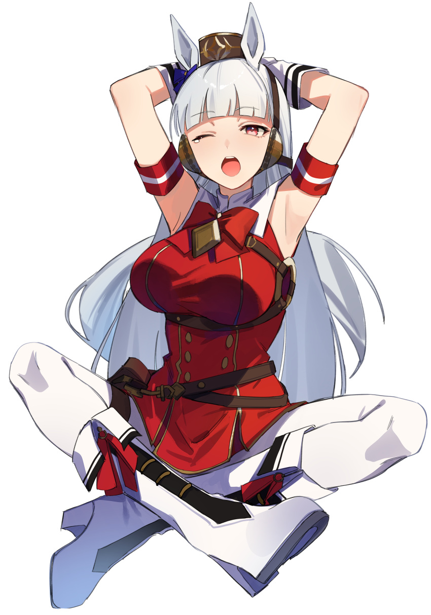 1girl, absurdres, animal_ears, armpits, arms_behind_head, boots, breasts, commentary_request