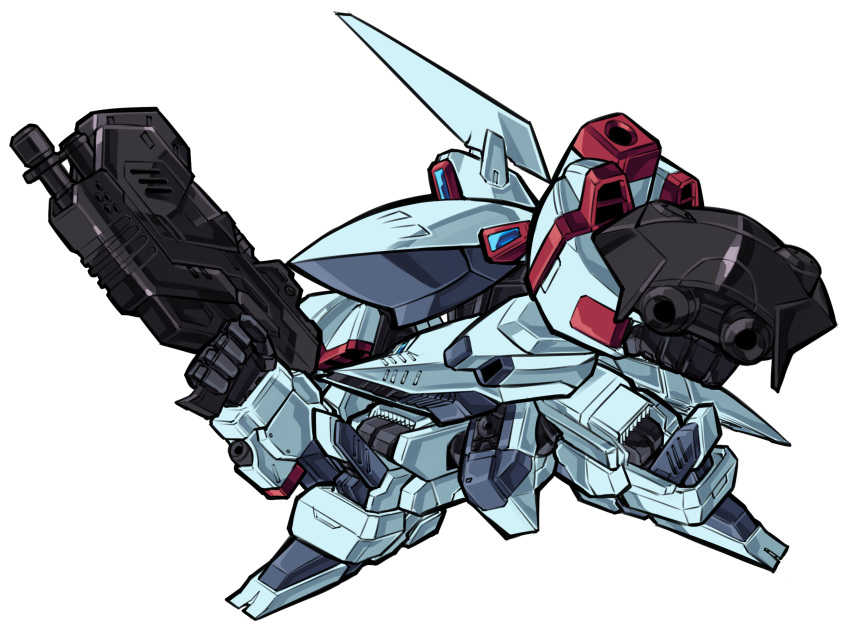 arm_shield, armored_core, armored_core:_nexus, chibi, clenched_hand, gun, highres, holding, holding_gun, holding_weapon, mecha, no_humans, pillar_buster, robot, science_fiction, simple_background, solo, vixen_(armored_core), weapon, white_background