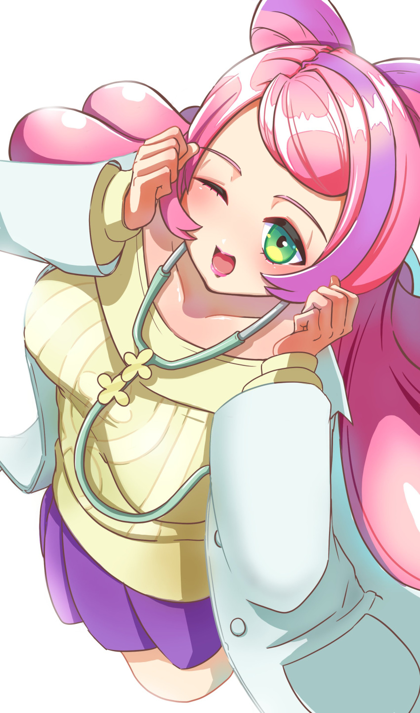 1girl, absurdres, blush, bow-shaped_hair, breasts, collarbone, dog&amp;cat_tail, earrings, eyeliner, flower_earrings, green_eyes, highres, jewelry, lab_coat, long_hair, long_sleeves, makeup, medium_breasts, miriam_(pokemon), multicolored_hair, off-shoulder_sweater, off_shoulder, one_eye_closed, pencil_skirt, pink_eyeliner, pink_hair, pokemon, pokemon_sv, purple_hair, purple_skirt, school_nurse, skirt, solo, stethoscope, streaked_hair, striped_clothes, striped_skirt, sweater, swept_bangs, yellow_sweater