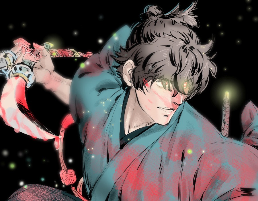 1boy, black_background, blood, blood_on_clothes, blood_on_face, blue_kimono, brown_hair, fate/samurai_remnant