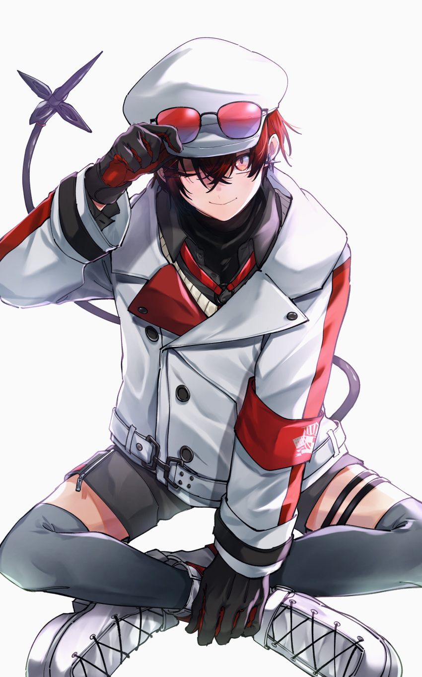 1boy, absurdres, black_gloves, black_shorts, black_thighhighs, collared_shirt, commentary, crossed_legs