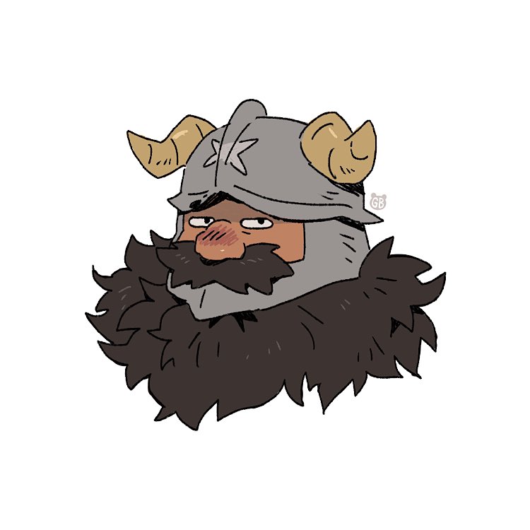 1boy, beard, brown_hair, cropped_torso, dungeon_meshi, dwarf, facial_hair, fake_horns, frown, gamubear, glaring, helmet, horned_helmet, horns, long_beard, looking_at_viewer, male_focus, red_nose, senshi_(dungeon_meshi), solo, thick_mustache, very_long_beard, white_background