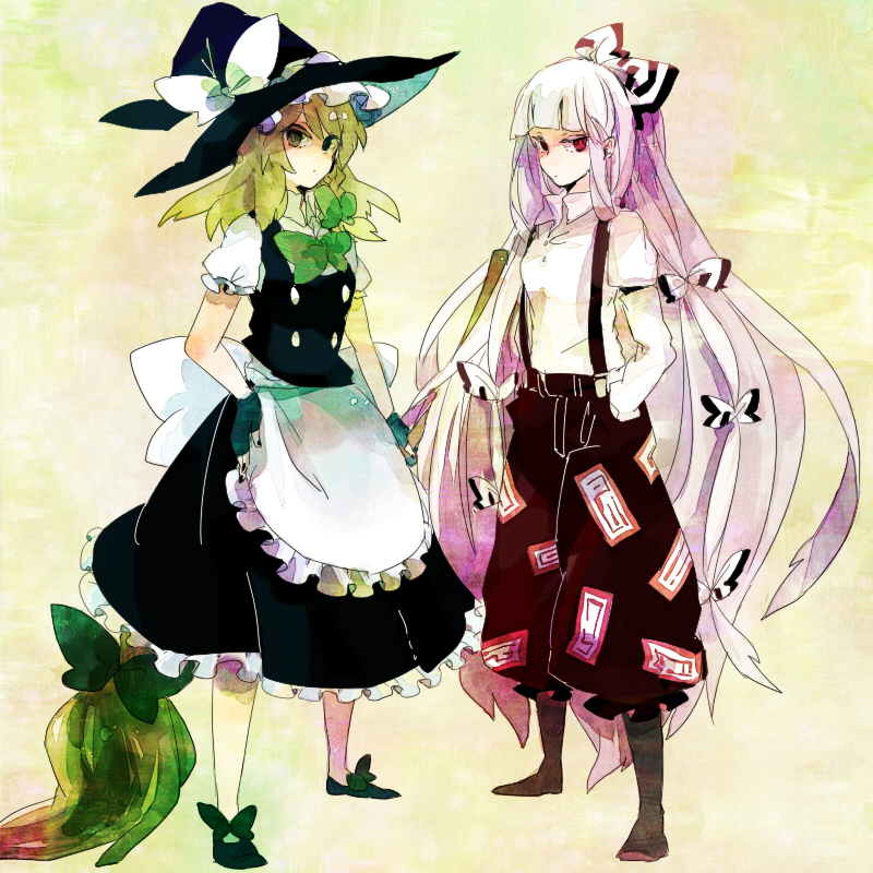 blonde_hair, bow, broom, fujiwara_no_mokou, hair_bow, hands_in_pockets, hat, kirisame_marisa