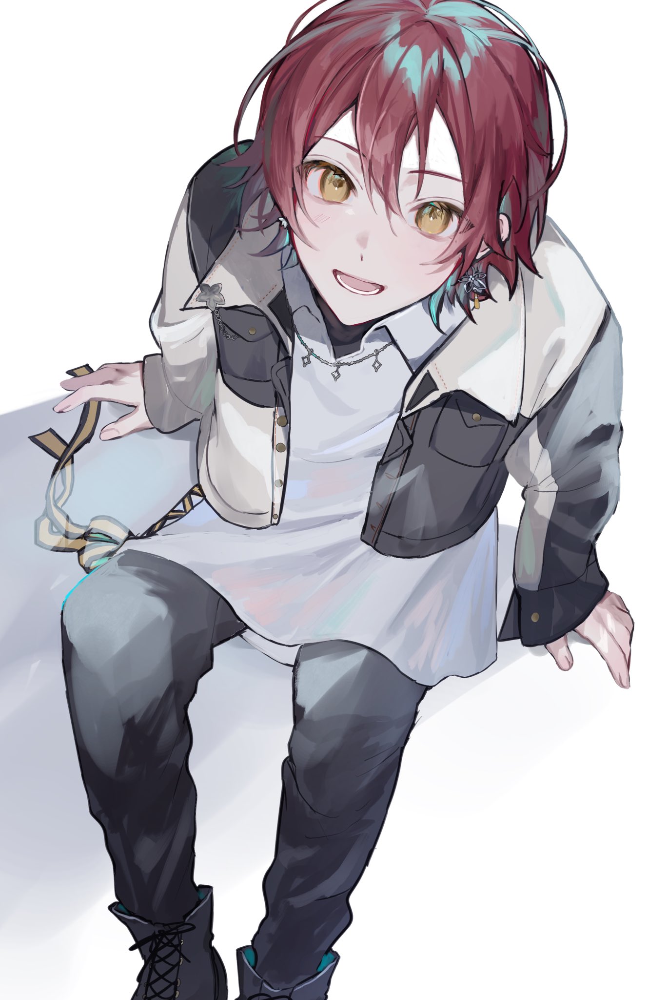 10_io, 1boy, bishounen, black_pants, earrings, feet_out_of_frame, from_above, full_body
