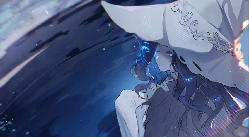 1girl, absurdres, blue_eyes, blue_hair, blue_skin, closed_mouth, colored_skin, commentary