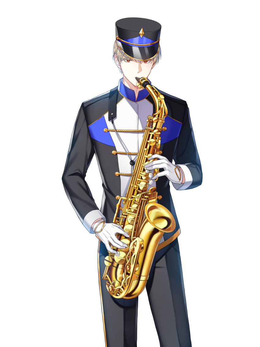 1boy, alternate_hair_color, alto_saxophone, band_uniform, black_gloves, black_headwear, black_jacket, black_pants