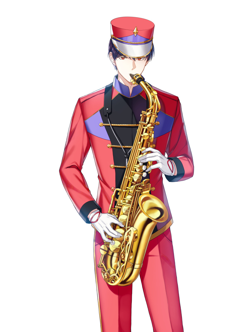 1boy, alternate_hair_color, alto_saxophone, band_uniform, buttons, closers, collared_jacket, cowboy_shot