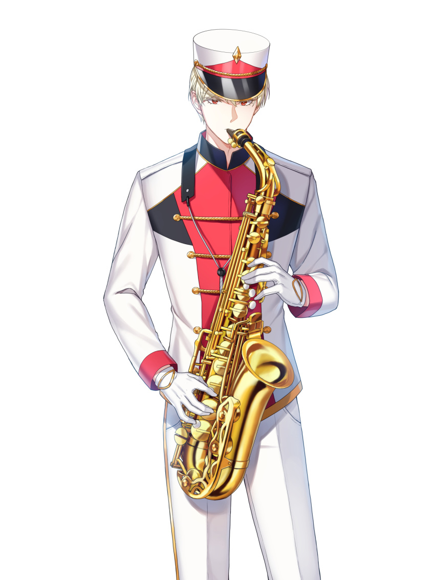 1boy, alto_saxophone, band_uniform, blonde_hair, buttons, closers, collared_jacket, cowboy_shot
