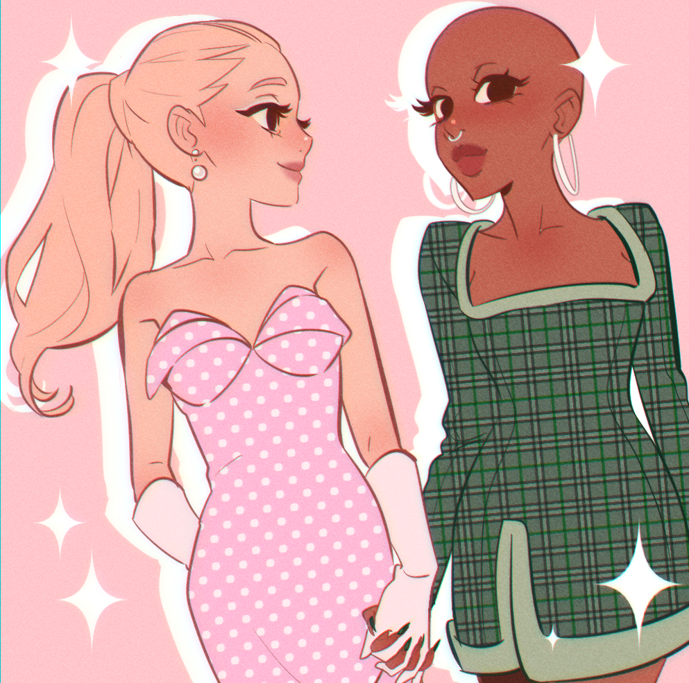 2girls, animification, ariana_grande, bald, bald_girl, bare_shoulders, black_eyes, blonde_hair