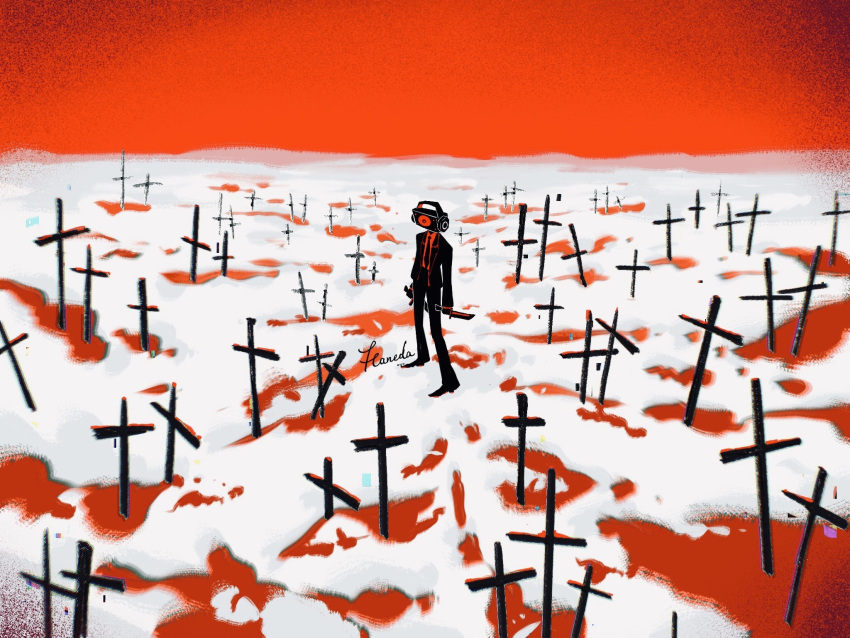 1boy, artist_name, black_necktie, black_suit, blood, blood_on_clothes, cross, dual_wielding