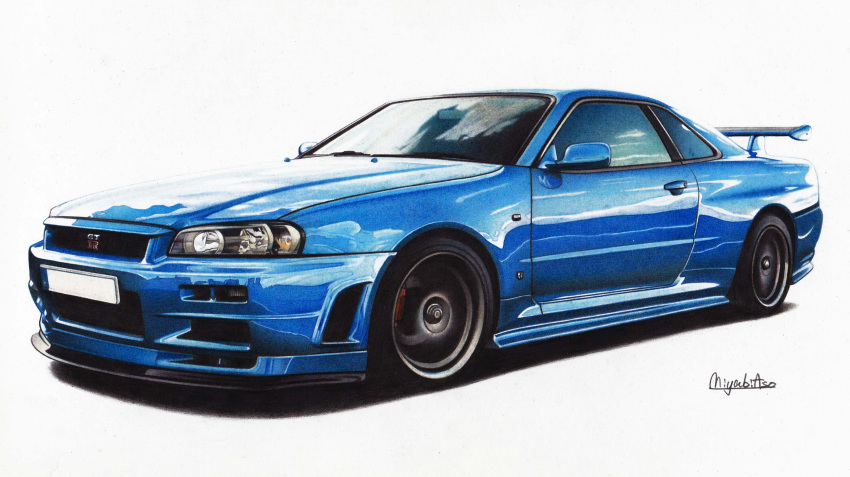 absurdres, artist_name, car, colored_pencil_(medium), highres, miyabi_asou, motor_vehicle, nissan, nissan_skyline, nissan_skyline_gt-r, nissan_skyline_r34, no_humans, original, realistic, shadow, spoiler_(automobile), sports_car, traditional_media, vehicle_focus