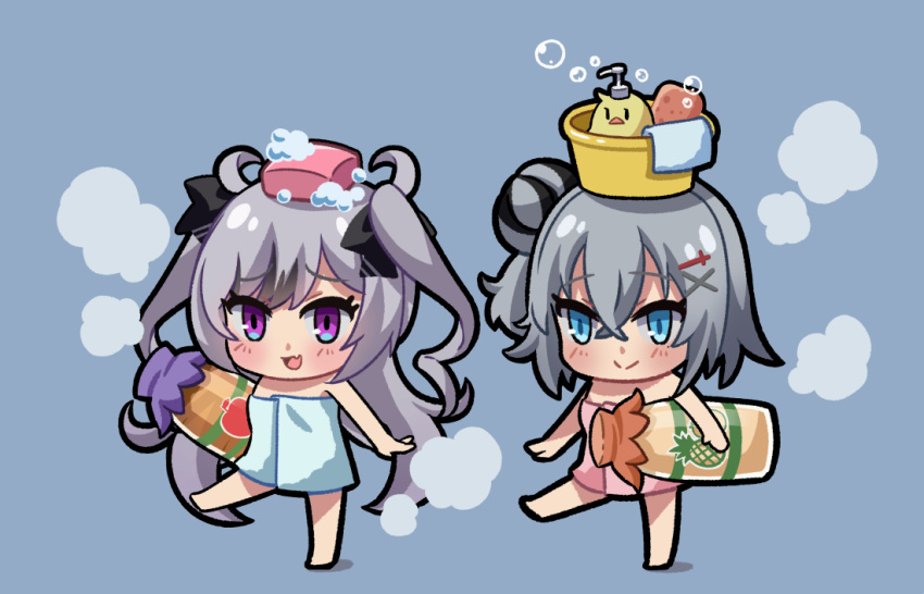 2girls, azur_lane, black_hair, black_ribbon, blue_background, blue_eyes, chibi, crossed_bangs, elbe_(azur_lane), fang, grey_hair, hair_bun, hair_ornament, hair_ribbon, jade_(azur_lane), long_hair, manjuu_(azur_lane), medium_hair, micchi_(umatankita), multicolored_hair, multiple_girls, naked_towel, ribbon, simple_background, single_hair_bun, skin_fang, smile, soap, soap_bottle, soap_bubbles, steam, streaked_hair, towel, two_side_up, violet_eyes, x_hair_ornament
