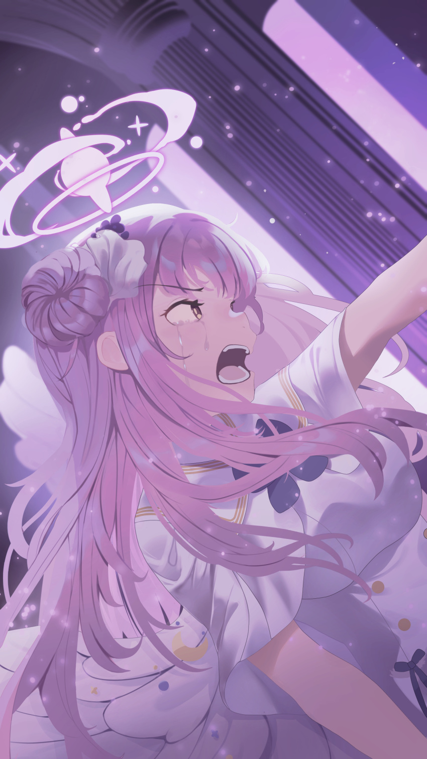 1girl, absurdres, blue_archive, breasts, capelet, crying, dress, english_commentary