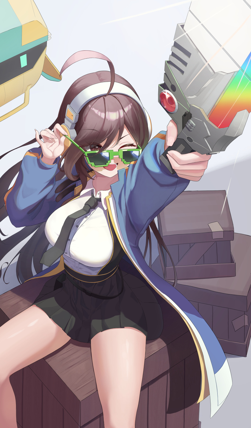 1girl, absurdres, adjusting_eyewear, ahoge, armor, black_necktie, black_skirt, breasts