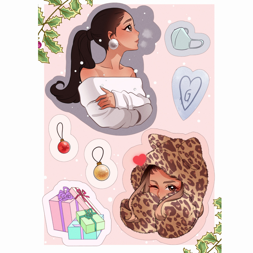 1girl, animal_hood, animification, ariana_grande, blush, border, brown_eyes, cheetah_print