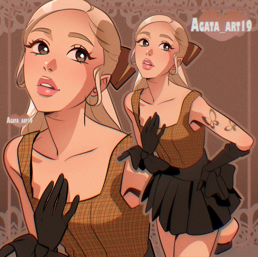 1girl, absurdres, animification, ariana_grande, arm_tattoo, black_bow, black_gloves, black_skirt