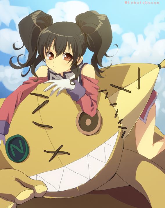 1girl, anise_tatlin, black_hair, brown_eyes, closed_mouth, doll, gloves, long_hair