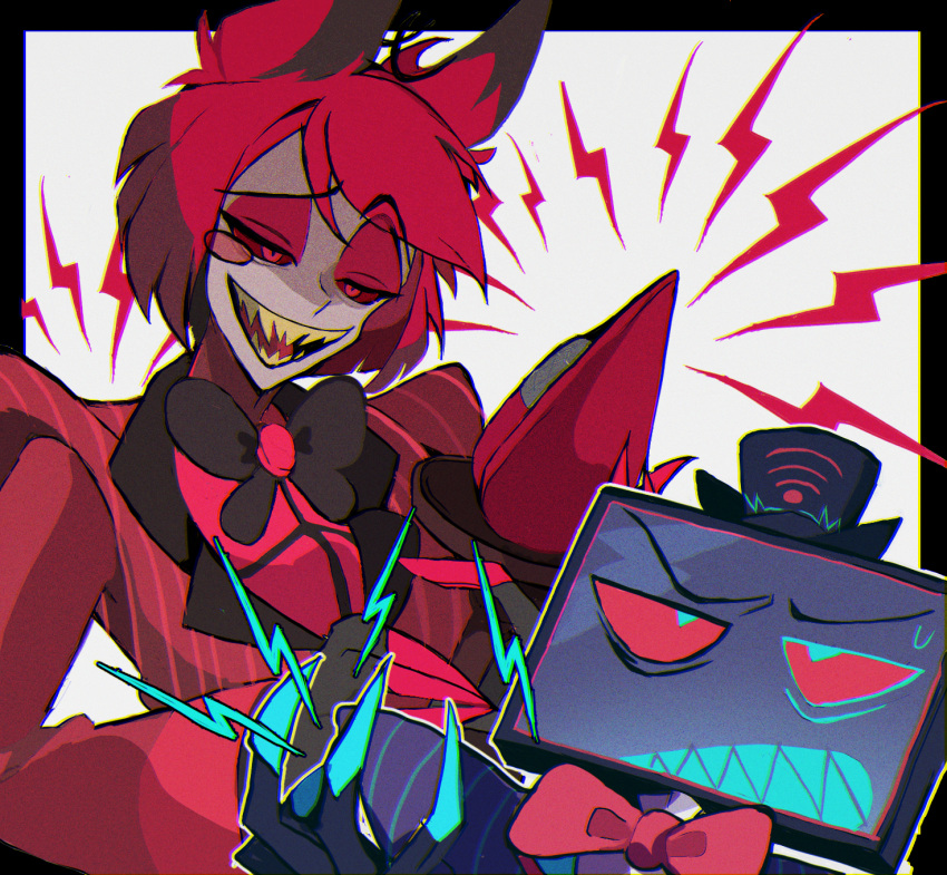 2boys, alastor_(hazbin_hotel), animal_ears, black_headwear, blue_teeth, bow, bowtie, circle_facial_mark